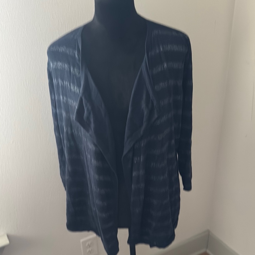 Chico’s‎ navy blue metallic stripes open cascade cardigan sweater sz L